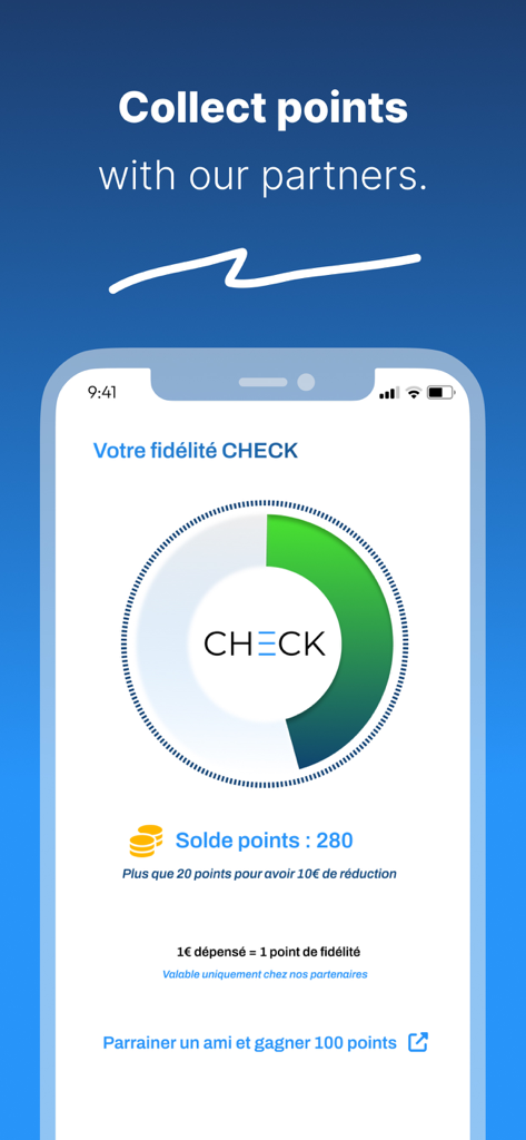 CHECK - Your digital receipts - A smartphone displaying the CHECK app loyalty rewards screen with a point tracker and referral bonus information.