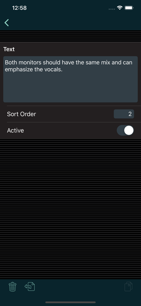 A screen in Stage Plot Maker showing custom technical notes for a sound engineer