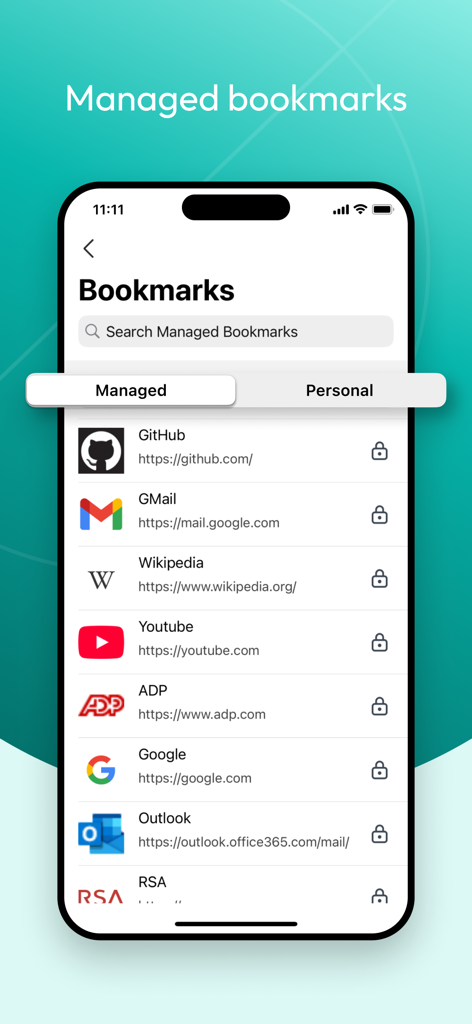 Aplicativo Workspace ONE Web mostrando uma lista de favoritos corporativos gerenciados como Gmail e Outlook