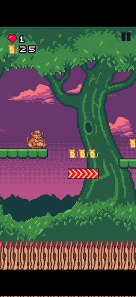 Macaco Jumper - Pixel art gameplay of Macaco Jumper showing a monkey character on a platform in a forest setting with a purple sky