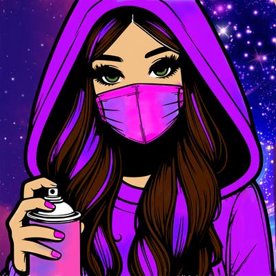 girl wearing a mask with long hair with her hood up spray-painting realistic