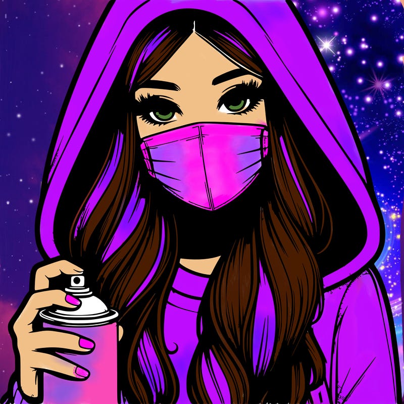 girl wearing a mask with long hair with her hood up spray-painting realistic
