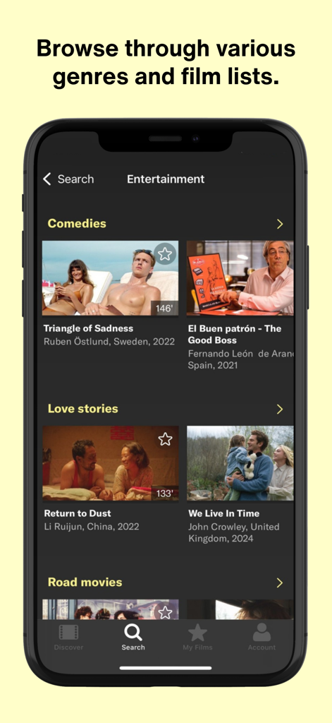 filmingo Arthouse Streaming - Browse screen of the filmingo app displaying curated movie categories and film posters