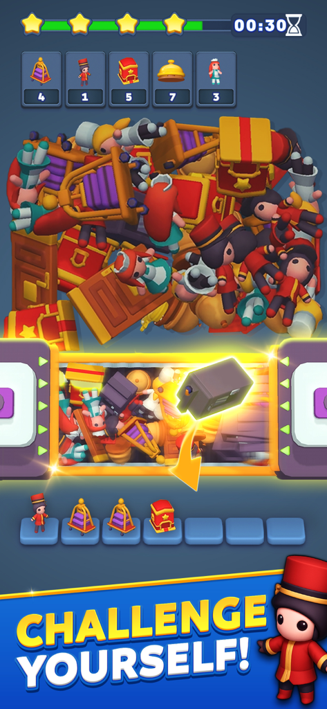 Match Hotel - 3D Puzzle Game - Match Hotel 3D puzzle gameplay featuring hotel themed objects and a challenge yourself message.