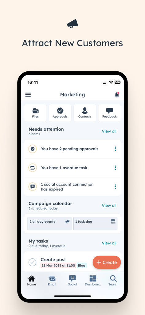 HubSpot mobile app marketing dashboard showing pending tasks and campaign calendar overview