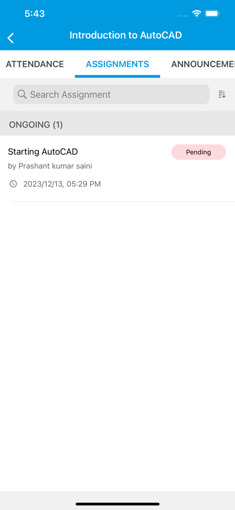 PTS CAD EXPERT - Pantalla de asignaciones de la aplicación PTS CAD EXPERT que muestra una tarea pendiente de introducción a AutoCAD.