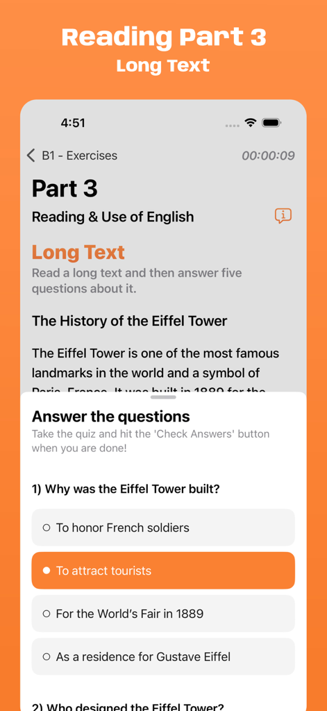 L'app Simulatore Esame Cambridge B1 visualizza un test di comprensione della lettura sulla Torre Eiffel con opzioni a scelta multipla.