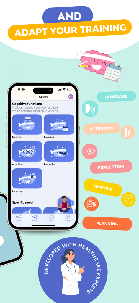 CLINT, your brain coach - CLINT app interface for selecting personalized cognitive training functions including memory and attention