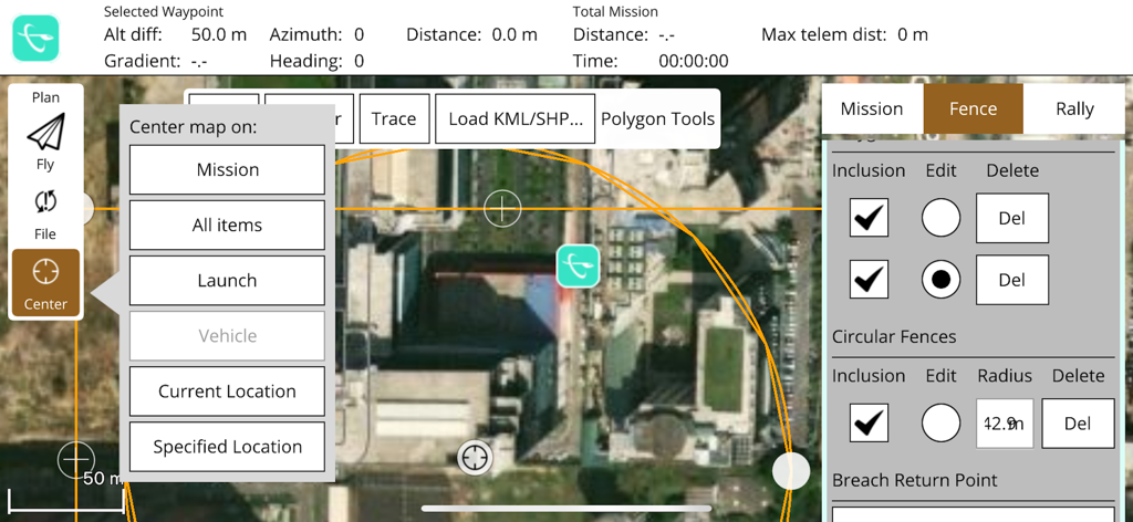 ANRA QGroundControl - Drone flight planning interface showing geo-fence settings and satellite map view