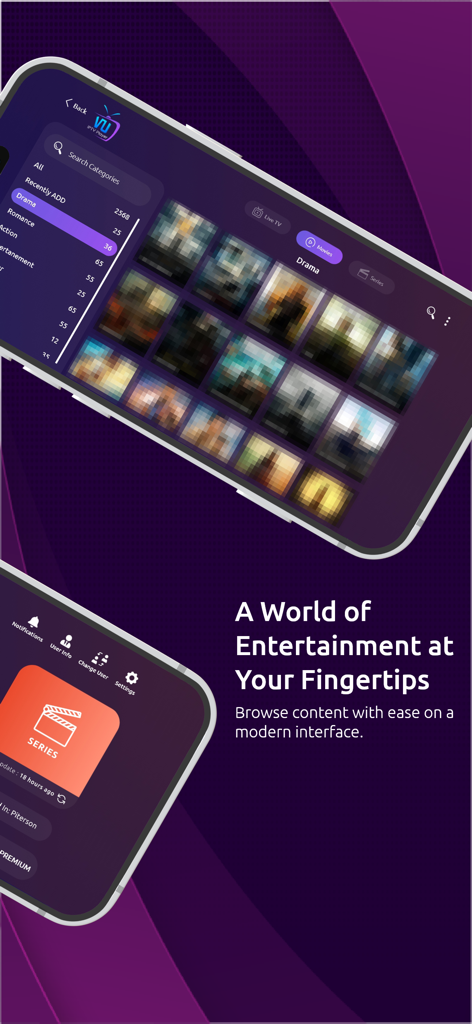 VU IPTV PLAYER - Mobile interface of the VU IPTV Player showing a grid of drama movies and a series dashboard on a modern purple background