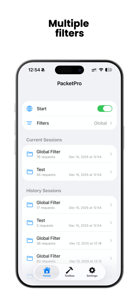 PacketPro home screen showing network traffic capture toggle and historical session filters
