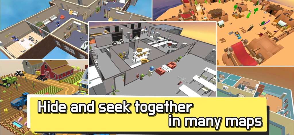 A collage showing different 3D game maps in Hide.io including a farm, an office, and a desert village.