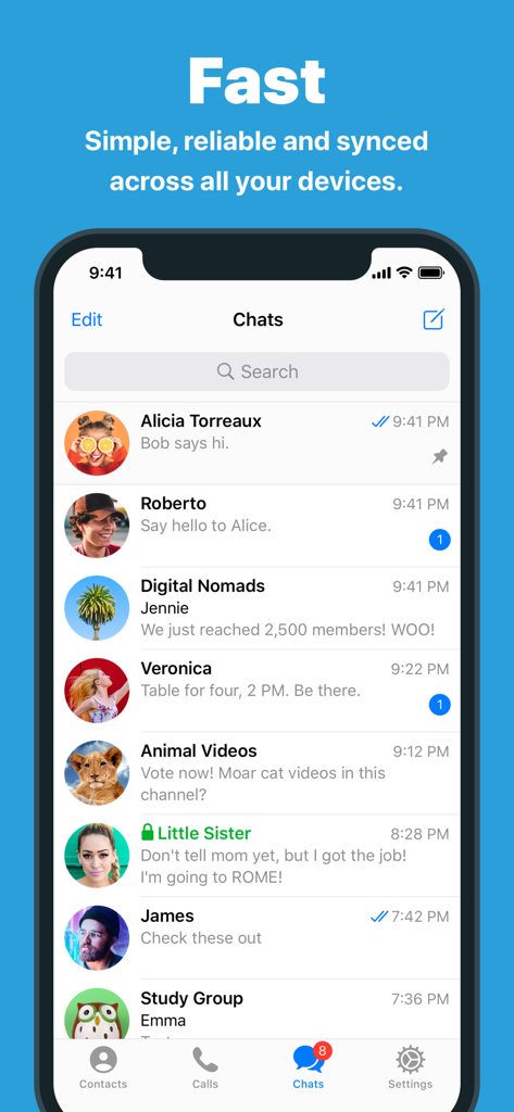 L'interface de l'application Telegram Messenger montrant une liste de conversations actives sur un appareil mobile.