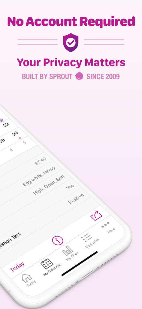 Interfaz de la aplicación Sprout Fertility y Rastreador de Períodos destacando la privacidad y la ausencia de inicio de sesión.