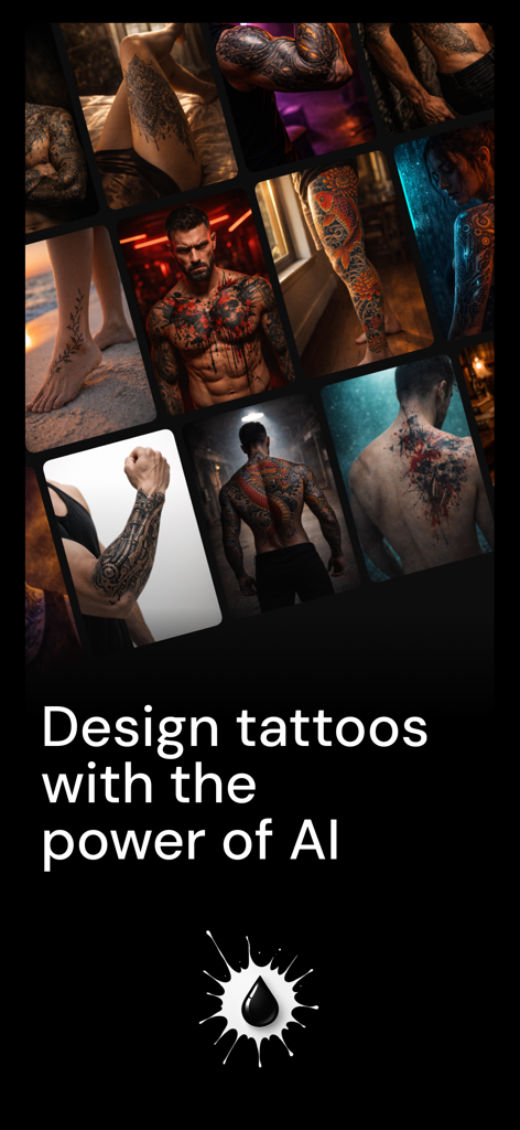 TatGlow: AI Tattoo Generator - A collage of diverse tattoo designs on various body parts with the text Design tattoos with the power of AI
