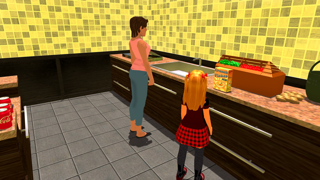 Virtual Mother Dream House Sim - A virtual mother and daughter character standing in a kitchen near a cereal box and vegetables.