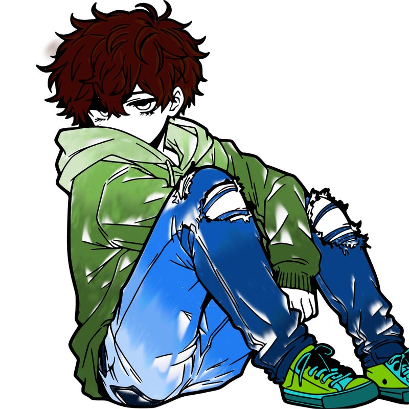 a male hoddie ripped jeans messy hair anime