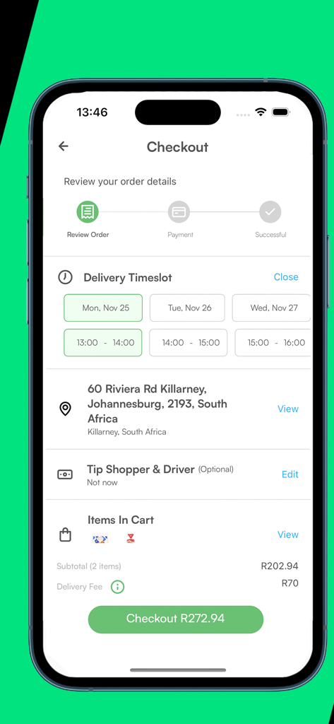Écran de paiement de l'application mobile OneCart montrant le créneau horaire de livraison et le résumé de la commande