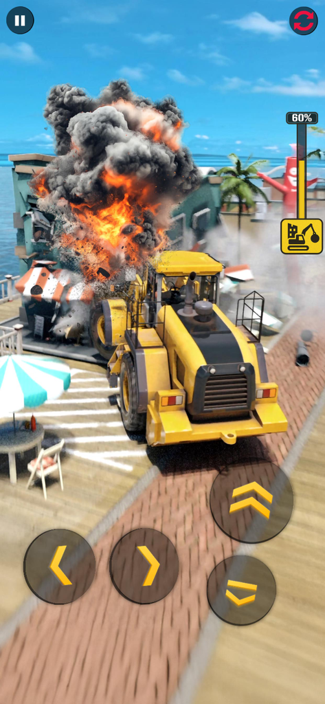 Demolition & Construction Inc. - Una topadora amarilla derribando un edificio con una gran explosión de fuego en un juego simulador de construcción.