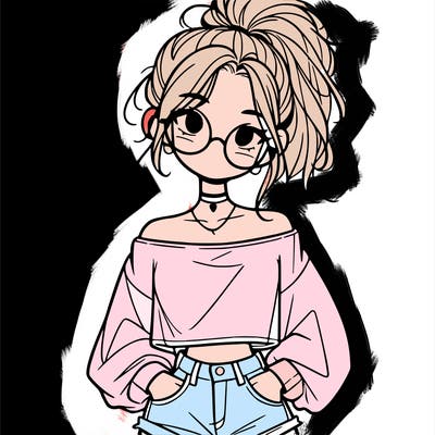 girl with a messy ponytail glasses a baggy crop top and jean shorts