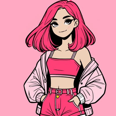 a realistic girl with a crop top and short shorts in an open jacket