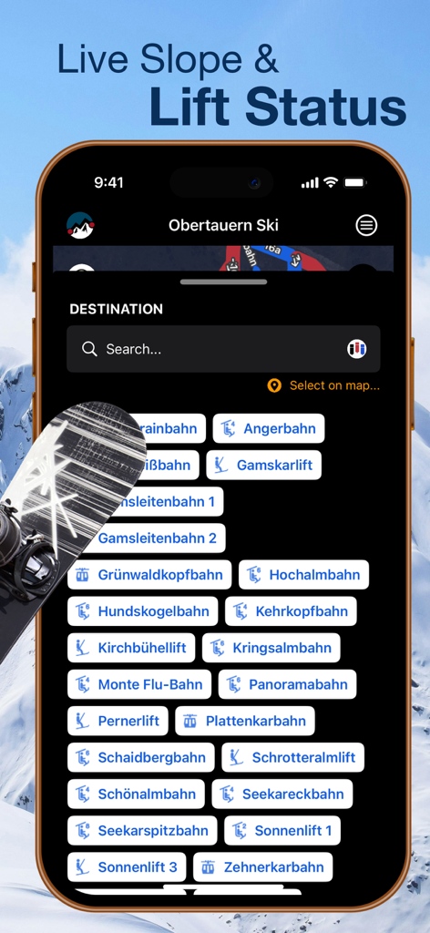 Obertauern - Mobile app screen showing real time status for ski lifts and slopes in Obertauern Austria