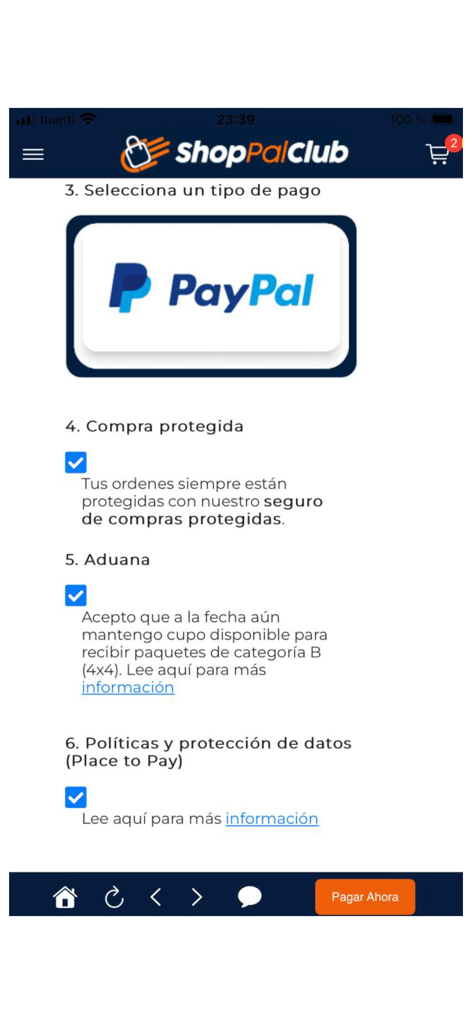 Interfaz de pago en la aplicación ShoppalClub con opción de pago PayPal y casillas de verificación de declaración de aduanas