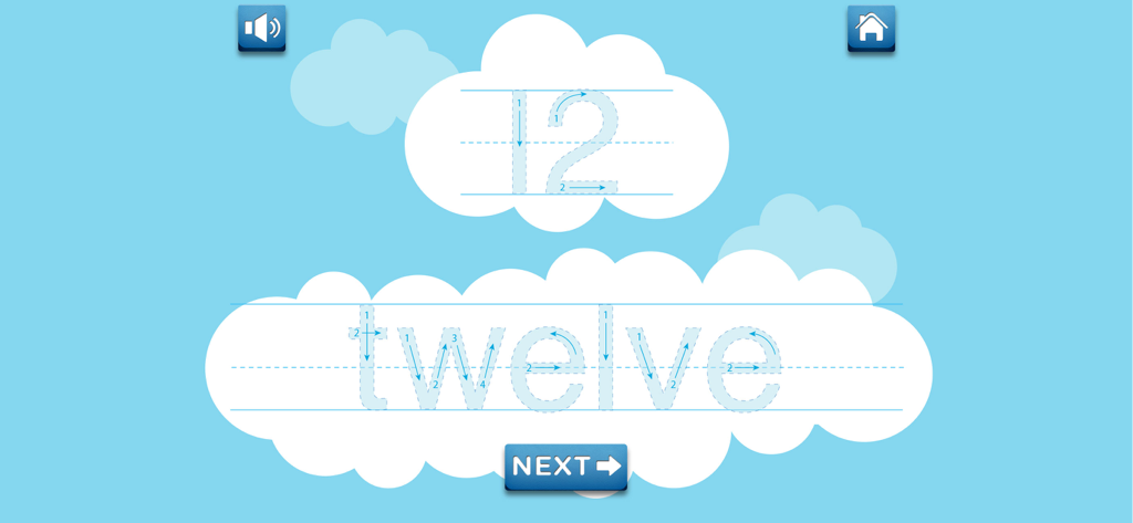 Count, Sort and Match - Interactive tracing activity for the numeral 12 and the word twelve on clouds in a preschool math app