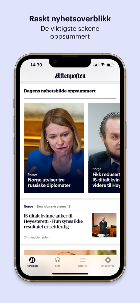 App di notizie Aftenposten che mostra il riepilogo delle notizie giornaliere sullo schermo di un iPhone.
