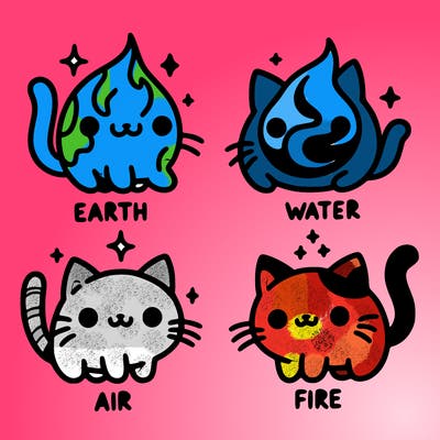 4 cats that represent the different elements, earth, water, air, and fire
