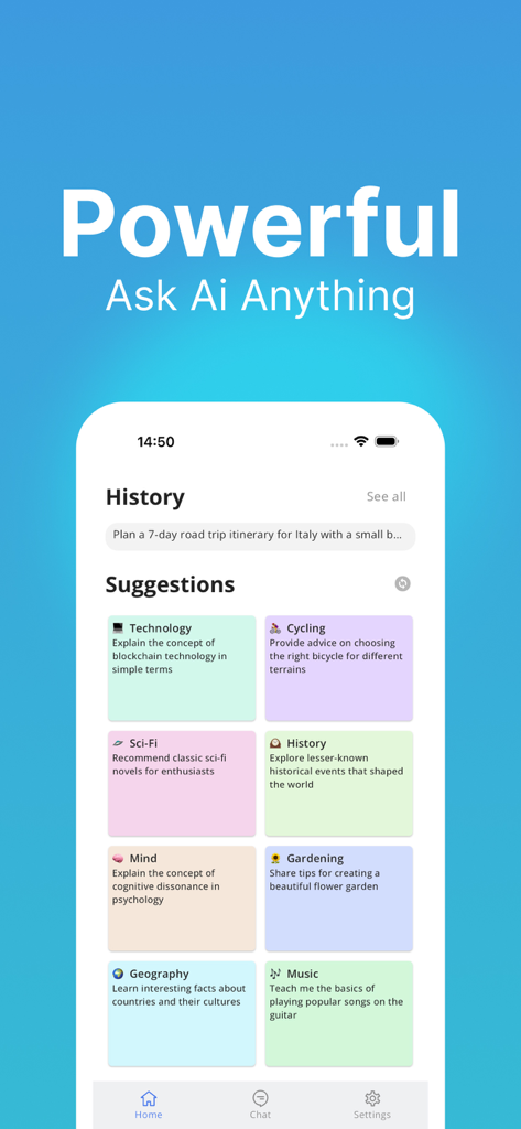 AI ChatBot: Assistant Chat - Startbildschirm des KI-Chatbot-Assistenten mit verschiedenen Themenvorschlägen und Chat-Verlauf.