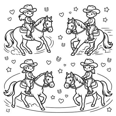 Experience the thrilling world of Western reining in an irresistibly cute Kawaii style. This charming coloring page features adorable riders and their horses performing impressive spins and stops, perfect for all ages.