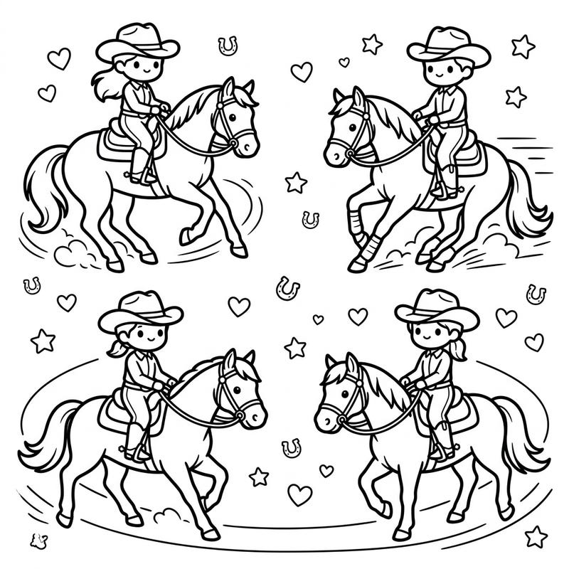 Experience the thrilling world of Western reining in an irresistibly cute Kawaii style. This charming coloring page features adorable riders and their horses performing impressive spins and stops, perfect for all ages.