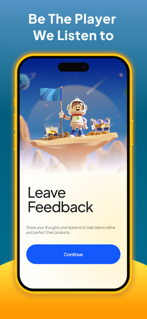 Playtest Pro - Playtest Pro app screen showing a Leave Feedback prompt with an astronaut character on a floating island with treasure chests.