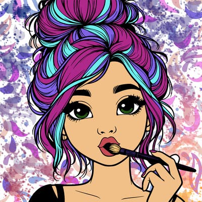 realistic girl with messy bun holding a paint brush in her mouth