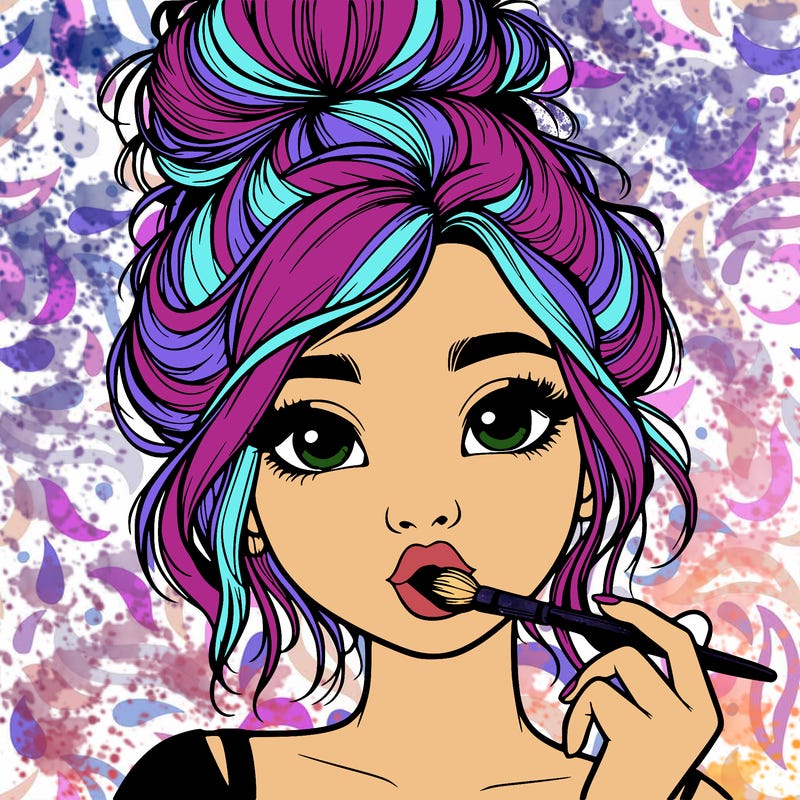 realistic girl with messy bun holding a paint brush in her mouth