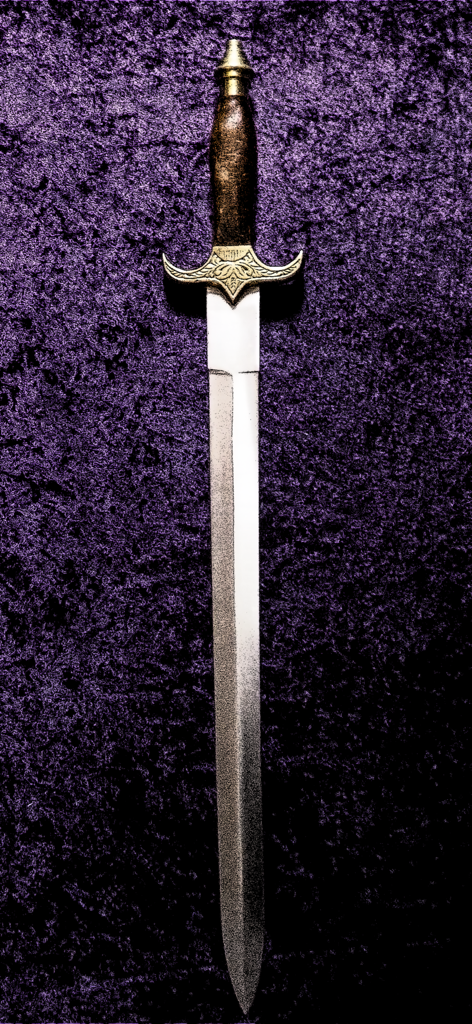 Ornate fantasy sword with a golden crossguard on a purple background