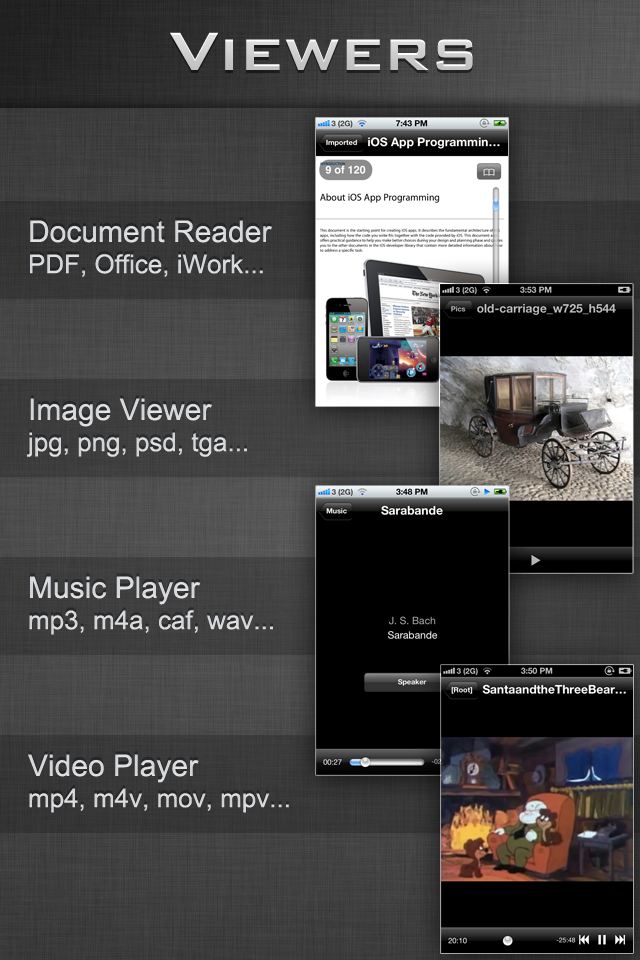File Manager - Folder Plus - Interface of the Folder Plus app showing built-in document reader image viewer music player and video player features