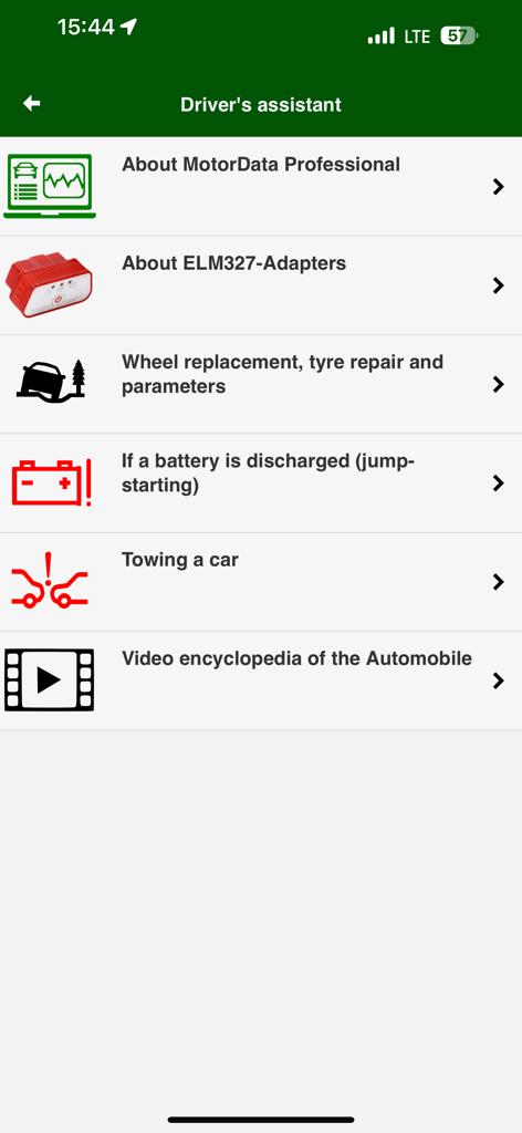 MotorData OBD ELM car scanner - MotorData OBD app Driver Assistant screen showing maintenance and emergency car guides