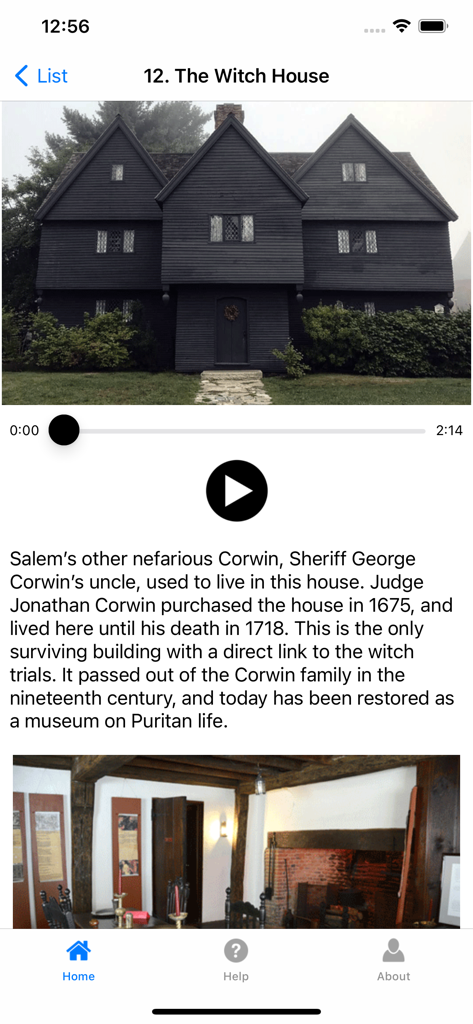 Salem Witches Tour - Salem Witches Tour app interface showing historical details and audio player for The Witch House site.