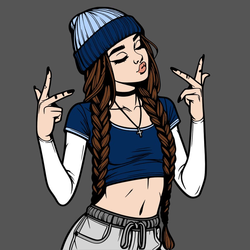 realistic teenage girl with braids and a beanie and crop top doing 🫶🏼