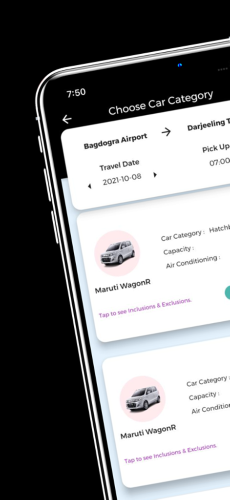 Wizzride - Smartphone screen of Wizzride app showing car category selection for a trip from Bagdogra Airport to Darjeeling