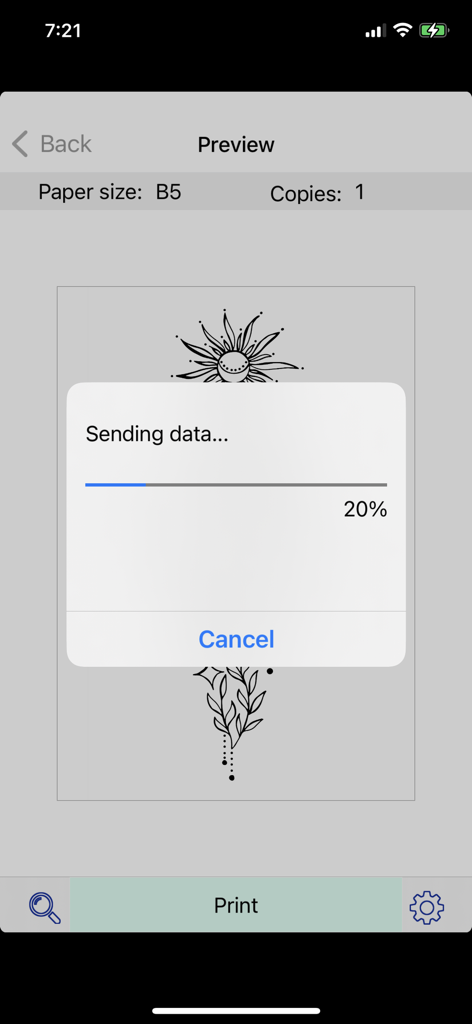 TOEC Printer - A preview screen of a floral tattoo design in the TOEC Printer app showing a progress bar for sending data to the printer.