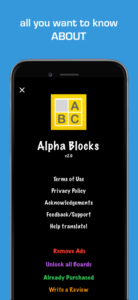 Alpha Blocks Unlimited app about screen showing version 2.0 and menu options