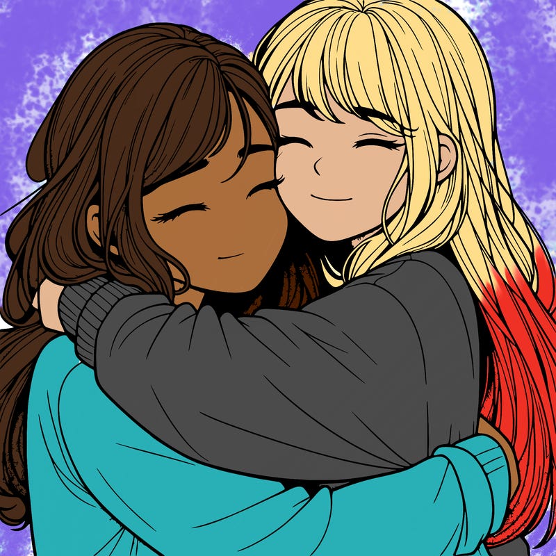 realistic two girls hugging