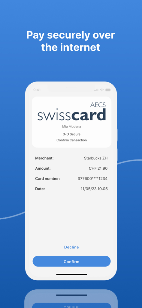 Swisscard app interface showing a 3-D Secure online payment confirmation screen