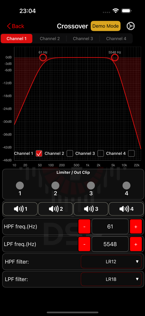 Taramps Pro - Taramps Pro app crossover interface showing frequency graph and filter adjustments
