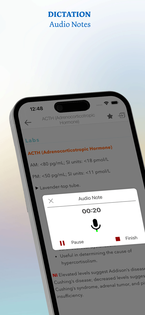 Lab Notes & Diagnostic Tests - Smartphone screen showing the audio note recording feature over a lab test reference page