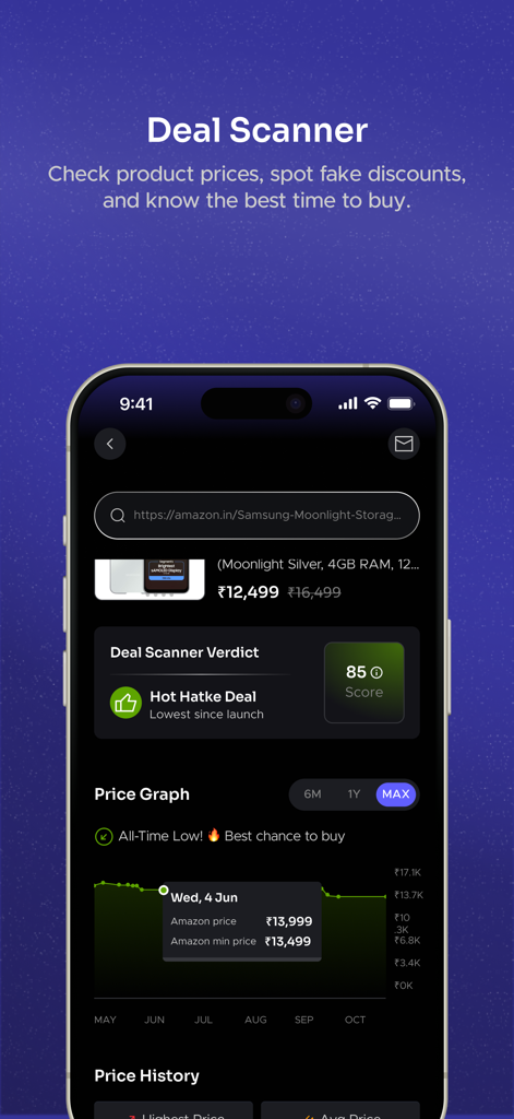 Buyhatke:AI Shopping assistant - Oberfläche der Buyhatke-App, die ein historisches Preisdiagramm und eine Händlerbewertung für ein Mobiltelefon zeigt