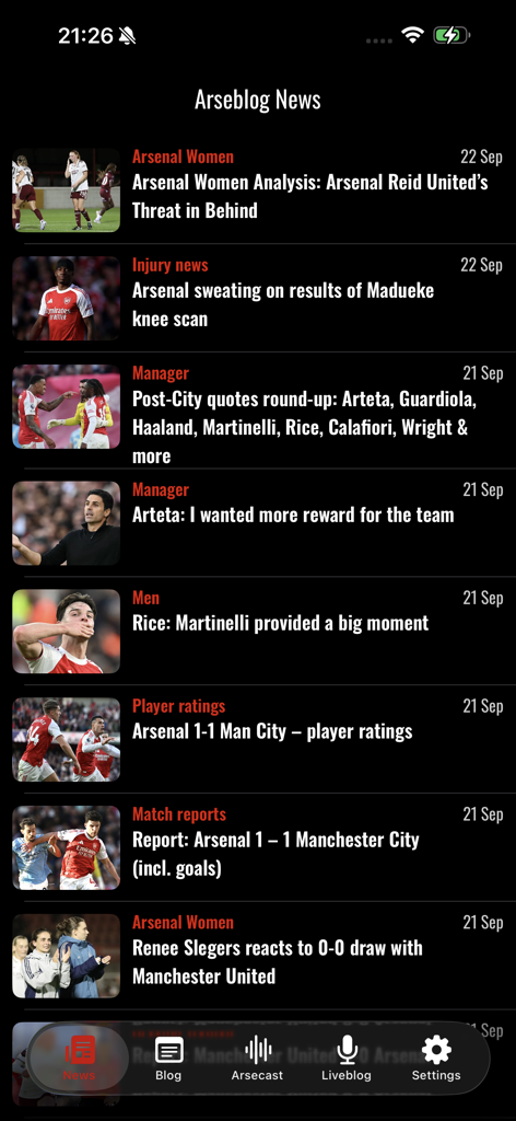 A screenshot of the Arseblog app news section showing Arsenal football news headlines.